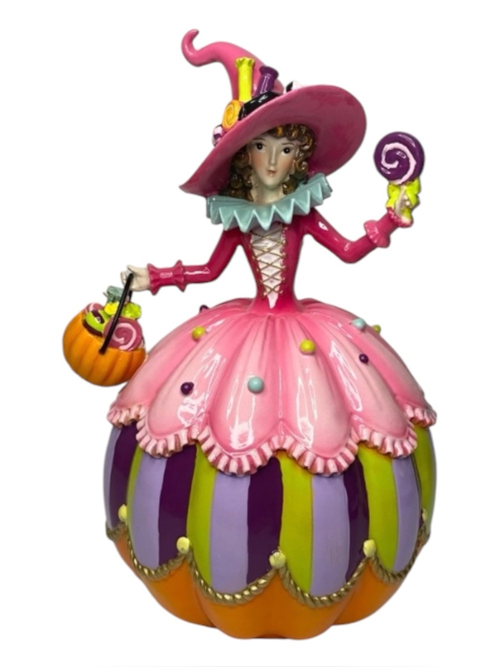 Whimsical Halloween Pink Fairy Witch Pumpkin Candy Base Figurine 10.5"